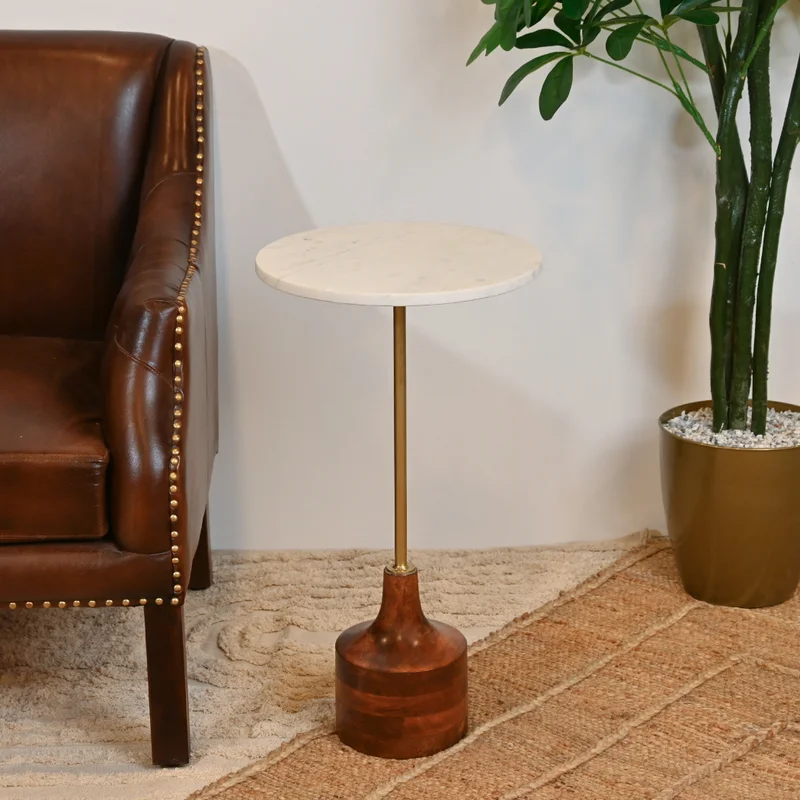 Home Carving Wooden White Marble Round Side Table
